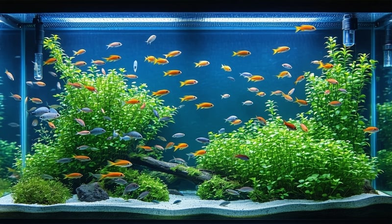 A beautifully maintained aquarium featuring vibrant fish and lush aquatic plants.