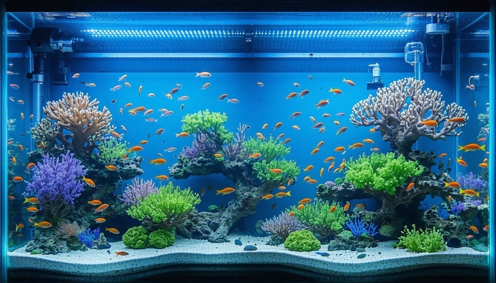A beautifully maintained aquarium with vibrant aquatic life.